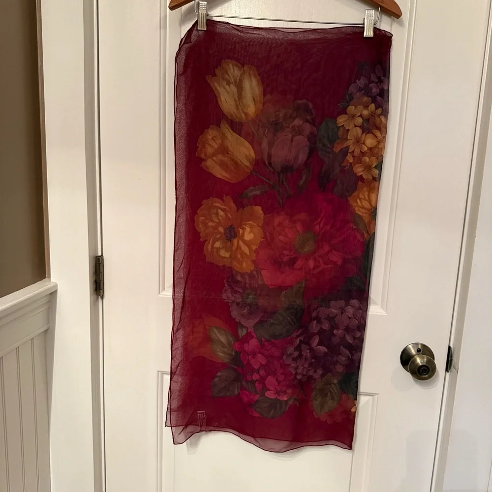 OSCAR DE LA RENTA SCARF SHEER SILK LARGE SQUARE FLORAL DARK RED BROWN GREEN